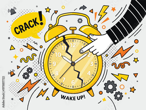 Cracked alarm clock with hand and various symbols around it on white background