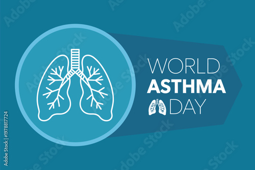 World Asthma Day Awareness Poster with Lungs and Bronchial Tree Line Art Icon on Teal and Blue Gradient Background