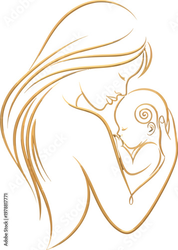 Elegant gold line art illustration of a loving mother gently cradling her newborn baby portraying the sacred bond and nurturing connection between parent and child