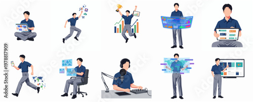 Flat Style Set of Man in Various Digital Technology Concepts Illustration