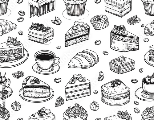 Black and white illustration of various pastries and baked goods. Depicts cupcakes, croissants, and coffee on a white background