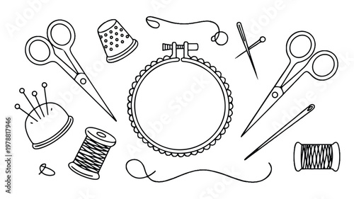 sewing tools and equipment for embroidery and needlework  various objects