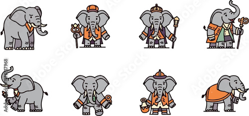 Cartoon elephants in various outfits and poses isolated on white background vector illustration
