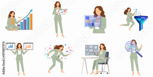 Cartoon Businesswoman Character Doing Various Activities in Modern Office Poses