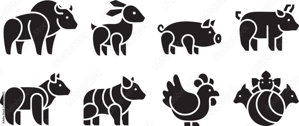 Obraz premium Farm Animals and Livestock Icon Set with Cow Pig Chicken and Bull Silhouette Symbols