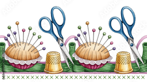 sewing tools with pins and threads on a decorative background