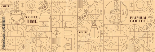 Geometric coffee pattern in minimalist style. Geometric line drawing. Abstract print background with simple shapes for coffee shop, food packaging, cafe wall, menu.