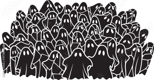 Black ghost icons, spooky illustrations, creepy characters, Halloween symbols, white outline