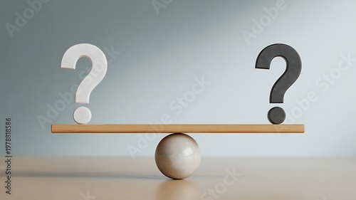 Question marks on balance scale, uncertainty concept, decision making, equilibrium symbol