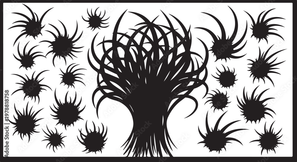 Fototapeta premium Black spider silhouettes, spider web icons, creepy crawlies, insect graphics, vector set