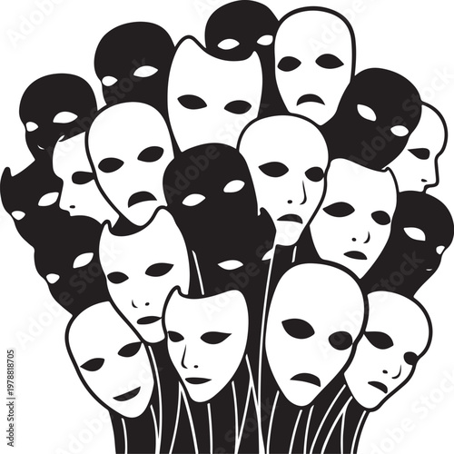 Black and white masks, faceless crowd, anonymous faces, expressionless people