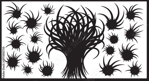 Black spider silhouettes, spider web icons, creepy crawlies, insect graphics, vector set