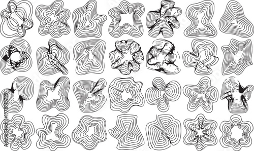 Black and white flower icons, 25 floral shapes, line art designs, decorative elements