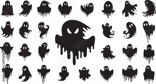 Halloween icons, spooky silhouettes, ghostly characters, creepy symbols, black vector graphics