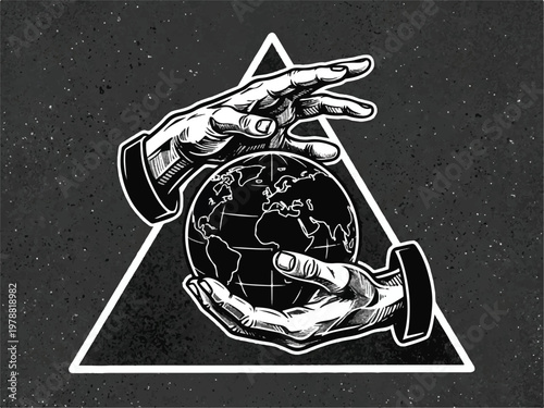 Hands holding a globe in a triangle on gray background with white outlines
