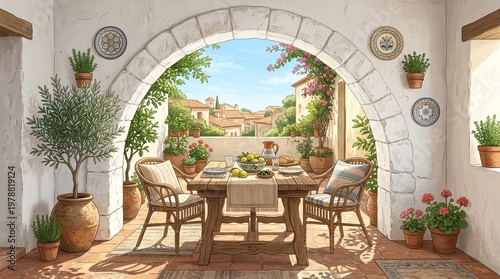 Front-facing composition of a Mediterranean terrace interior with a white stone arch, textured tile floor, central table, ceramic