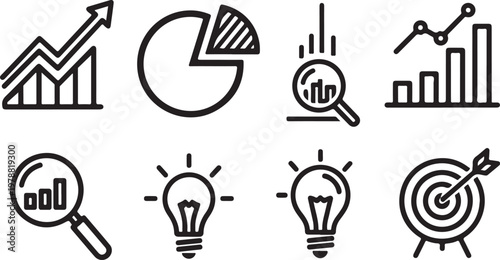 Business infographic icons, 8 symbols, line style, black, white background, statistics, analysis, finance, marketing, business strategy