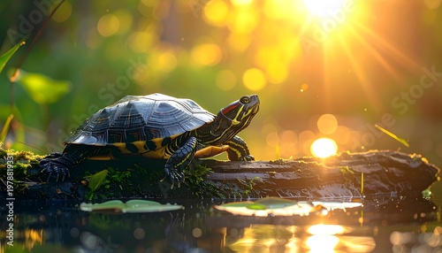 Turtle basking in the sun on a log in the water.