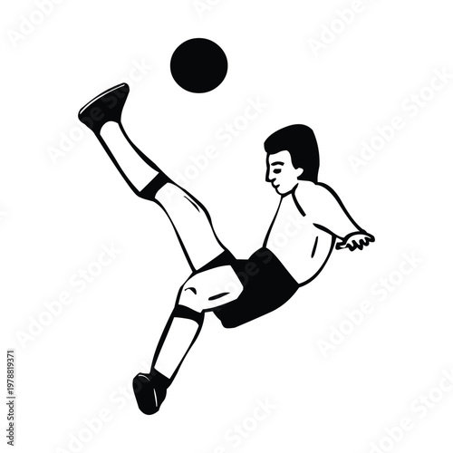 A dynamic illustration of a soccer player performing a high kick to head the ball.
