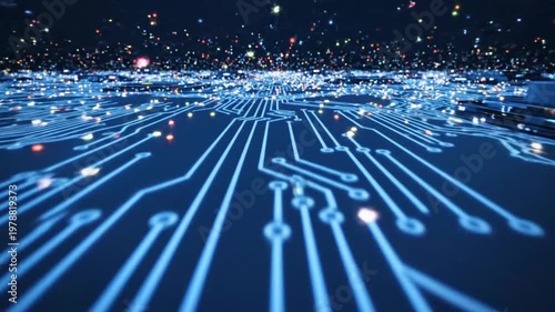 Futuristic Circuit Board with Glowing Lights and Data Flow