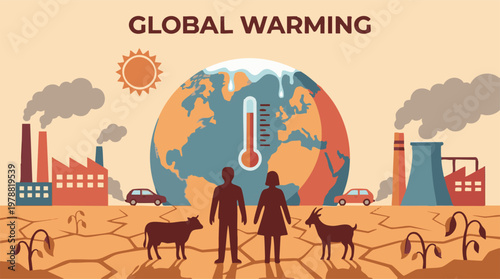 Valokuva Global warming concept with melting Earth, pollution, drought, and people