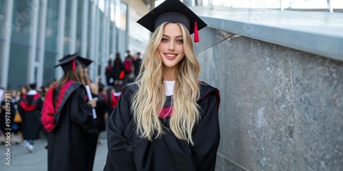 Graduation Ceremony With Happy Students Wearing Caps and Gowns at a Universit...