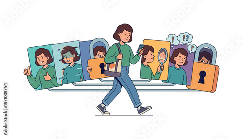 Woman walking with multiple reflections showing different emotions and states of mind