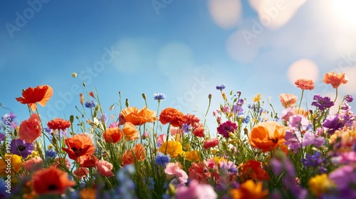 Bright Flowers Bloom Under a Clear Sky in a Vibrant Field During Daytime