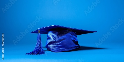 Graduation Cap and Diploma on Blue Background With Red Ribbon Sitting on a Table