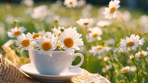 Daisies in a Cup Placed on a Wooden Table Surrounded by Colorful Flowers on a...