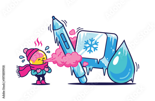 Creative mind character struggling with frozen stylus and cold weather inspiration