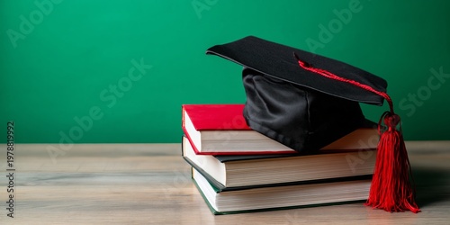 Graduation Cap Rests on Stack of Textbooks on Wooden Table With Green Background