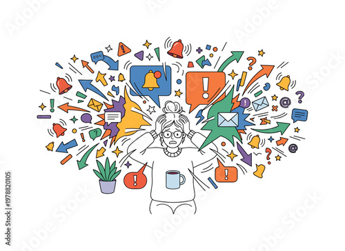 Overwhelmed woman with hands on head surrounded by chaotic notifications and symbols