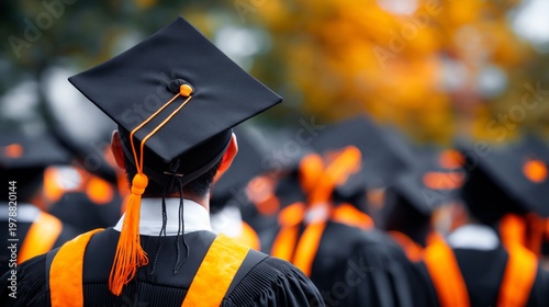 Students Celebrate Graduation at a Ceremony Wearing Caps and Gowns During the...