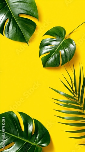 Tropical Leaves Arranged on a Bright Yellow Background in a Vertical Layout