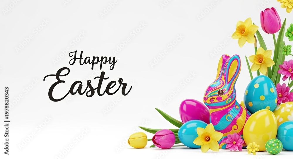 Fototapeta premium Happy Easter text with colorful rabbit, eggs, and spring flowers on white background for holiday greeting card.