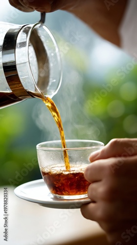 Warm Tea is Poured Into a Glass Cup on a Table in a Garden During the Afternoon