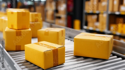 Boxes on a Conveyor Belt in a Warehouse During a Busy Processing Time
