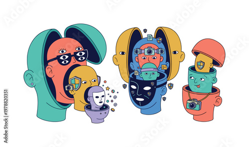 Abstract illustration of nested heads symbolizing layers of consciousness and data protection