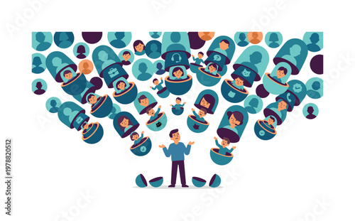 Confused man surrounded by nesting dolls representing people and roles