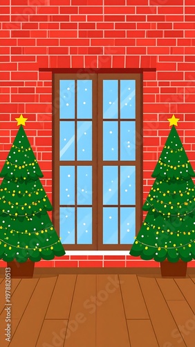 Cartoon illustration of a brick wall with a window, two decorated trees in pots, and wooden floor. It's a festive scene