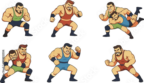 Wrestlers in various poses vector illustration of athletic figures