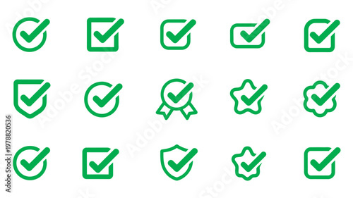 Green checkmark icon set, approval, confirmation, verified success symbols, task and checklist icons, scalable modern flat and outline vector pack