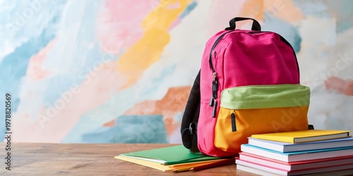 Backpacks and School Supplies on a Wooden Table With an Apple and Colored Pen...