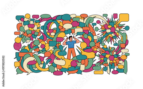 Man overwhelmed by a chaotic explosion of colorful speech bubbles and abstract shapes