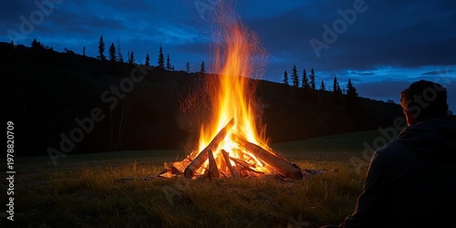 Campers Gather Around a Fire by the Lake During Evening at a Forest