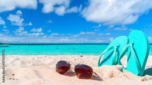 Bright Beach Scene With Flip Flops, Sunglasses, and Starfish on Sandy Shore U...