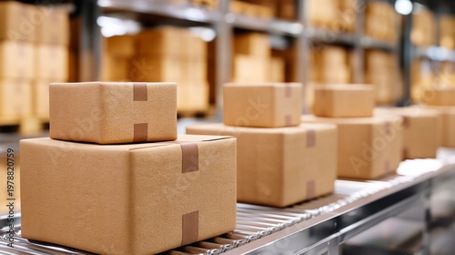 Boxes on a Conveyor Belt in a Warehouse During a Busy Processing Time