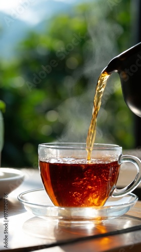 Warm Tea is Poured Into a Glass Cup on a Table in a Garden During the Afternoon