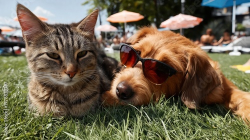 Cat and Dog Relax on Grass Under Sunny Sky at Outdoor Gathering